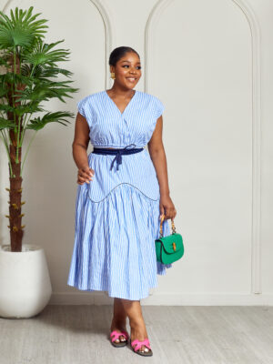 SASHES X HIDES LIGHT BLUE STRIPE CROP TOP WITH ARCH BIAS SKATER SKIRT SUIT SET