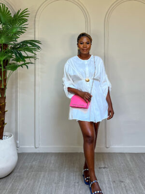YANYAN WHITE COTTON GOLD DETAIL LONGLINE SHIRT WITH SHORTS SUIT SET