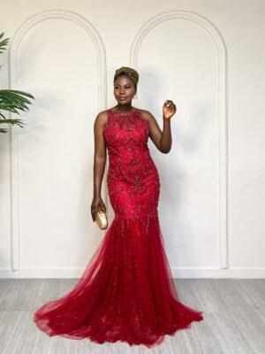 TIARA RED BEADED LACE TULLE HEM MAXI DRESS