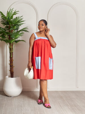 MATILDA RED SWING BLUE STRIPE CONTRAST STRAP SWING DRESS