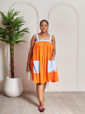 MATILDA ORANGE SWING BLUE STRIPE CONTRAST STRAP SWING DRESS