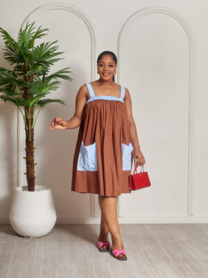 MATILDA BROWN SWING BLUE STRIPE CONTRAST STRAP SWING DRESS