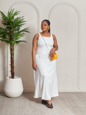 IVORY SILK HEM X STRETCH BODYCON MIDI DRESS