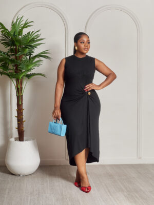 EWEOL BLACK RIB BONE DRAPED BODYCON DRESS