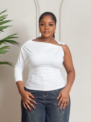 (2FOR30K)IVORY GOLD RING DETAIL MONO SLEEVE BODYCON TOP