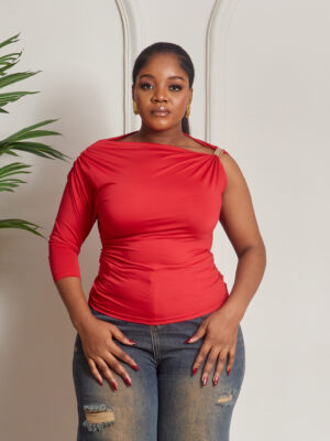 (2FOR30K)RED GOLD RING DETAIL MONO SLEEVE BODYCON TOP
