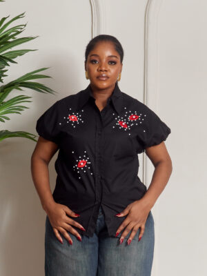 (2FOR50K)BLACK KISSPEARL PULL SLEEVE SHIRT