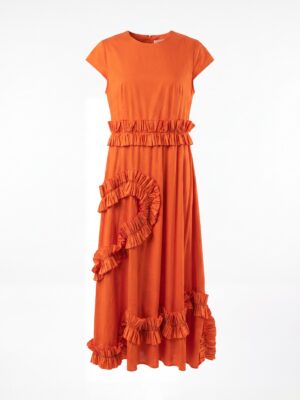 SERPIL ORANGE FRILL DETAIL MIDI SKATER DRESS