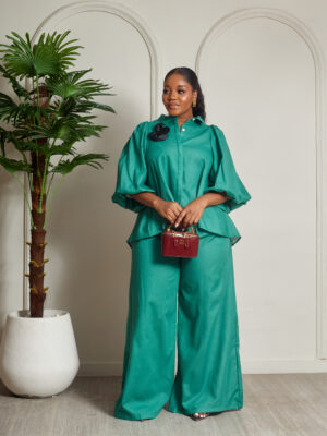 ZR GREEN BUBBLE SLEEVE PANT SUIT SET