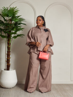 ZR MOCHA BUBBLE SLEEVE PANT SUIT SET