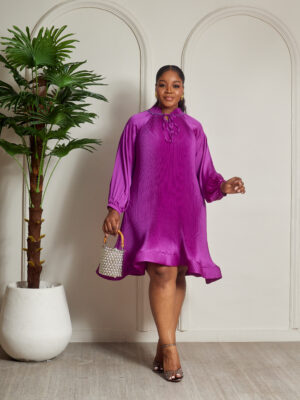 MISS HAVIS PURPLE THIN PLEAT COLD SHOULDER SWING DRESS