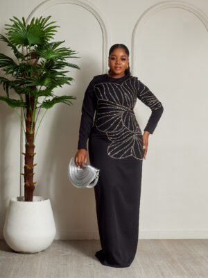HOLLY BLACK LONGSLEEVE BOLD FLOWER RHINESTONE DETAIL MAXI