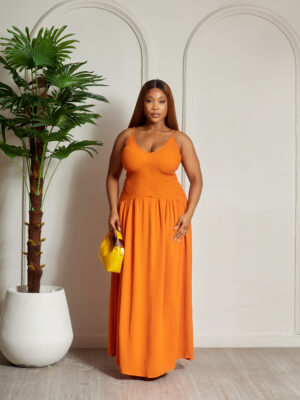 (2FOR50K)ORANGE SMOKED THIN STRAP DRESS