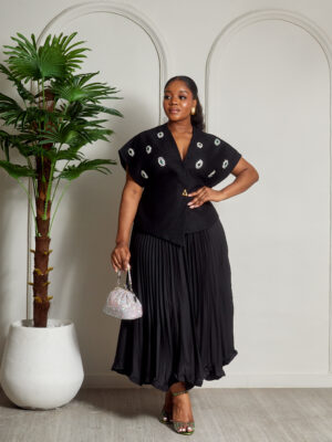 BLACK TEXTURED BATWING TOP WITH EMBELLISHMENT TOP