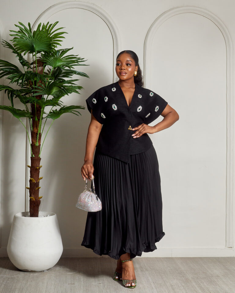 BLACK TEXTURED BATWING TOP WITH EMBELLISHMENT TOP