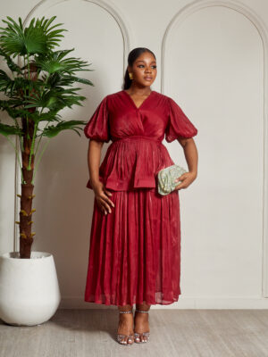 BURGUNDY BUBBLE REYON PEPLUM DETAIL DRESS