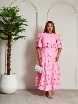 PINK GUIPURE SKIRT X TOP SUIT SET