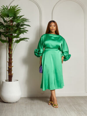(2FOR60K)GREEN RUFFLE SLEEVE WITH SKIRT SUIT SET