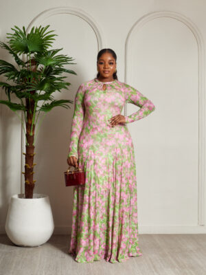 SASHES X HIDES PINK FLORAL TWIST CUT OUTNECK MESH MAXI