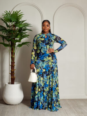 SASHES X HIDES NAVY FLORAL TWIST CUT OUTNECK MESH MAXI