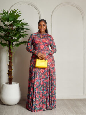 SASHES X HIDES RED FLORAL TWIST CUT OUTNECK MESH MAXI