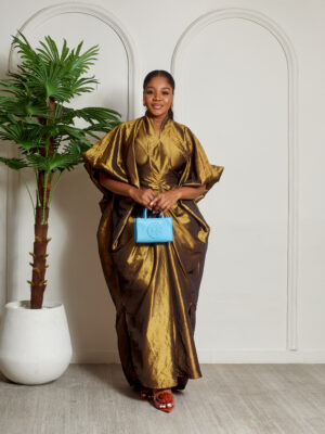SASHES X HIDES OLIVE TAPHETTA MIDI DRAPED CAFTAN