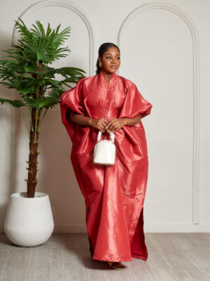 SASHES X HIDES RED CLAY TAPHETTA MIDI DRAPED CAFTAN