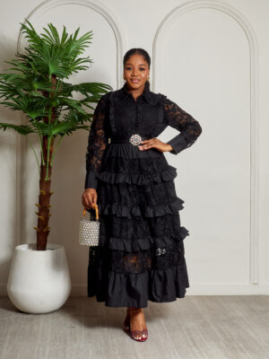 MAN BLACK FRILL LAYERED BELTED GUIPURE LACE DRESS