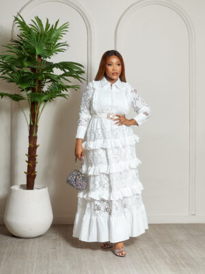 MAN IVORY FRILL LAYERED BELTED GUIPURE LACE DRESS