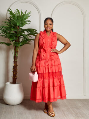 RED SLEEVELESS LACE INSERT LAYERED TUNIC