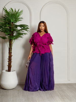 AUBERGINE CRINKLED MIYAKI TOP WITH PURPLE PLEATED PANTS SUIT SET
