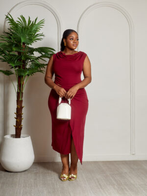 LALA BURGUNDY DRING DRAPED BODYCON DRESS