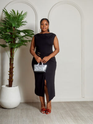LALA BLACK DRING DRAPED BODYCON DRESS