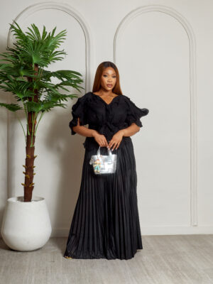 BLACK CRINKLED MIYAKI TOP WITH BLACK PLEATED PANTS SUIT SET