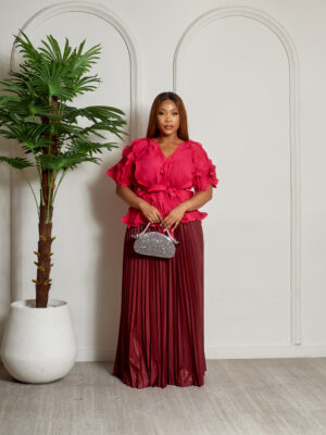 MAGENTA CRINKLED MIYAKI TOP WITH PLUM PLEATED PANTS SUIT SET