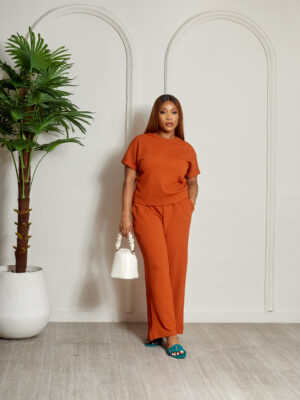 (2FOR50K)RUST TEXTURED CAPSLEEVE TOP PANTSUIT SET