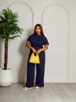 (2FOR50K)NAVY TEXTURED CAPSLEEVE TOP PANTSUIT SET