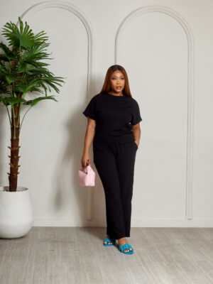 (2FOR50K)BLACK TEXTURED CAPSLEEVE TOP PANTSUIT SET