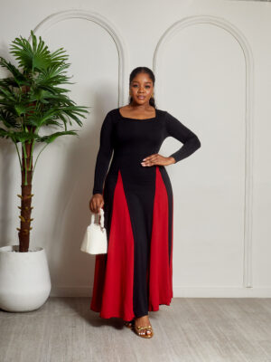 (2FOR40K)BLACK WITH RED INSERT SCARF CUT MAXI DRESS