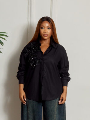 BLACK OVERSIZED MONOSTONE EMBELLISHMENT DETAIL SHIRT