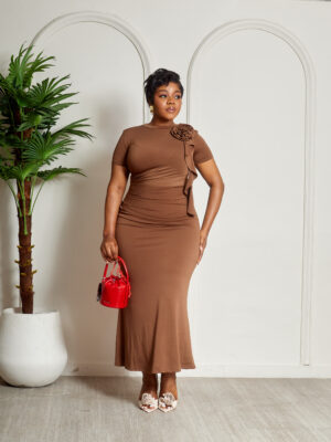 QFY CHOCO ROSE INSERT DRAPED BODYCON MIDI DRESS