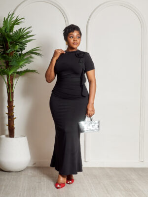 QFY BLACK ROSE INSERT DRAPED BODYCON MIDI DRESS