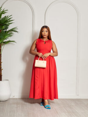 (2FOR60K)ZR RED GOLD BUTTON DOLL MIDI DRESS