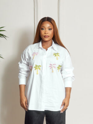 WHITE EMBELLISHED PALM TREE OVERSIZED SHIRT