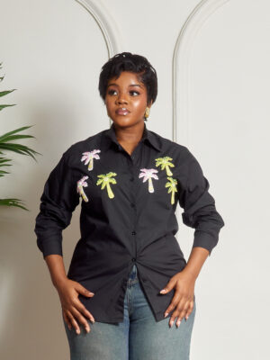 BLACK EMBELLISHED PALM TREE OVERSIZED SHIRT