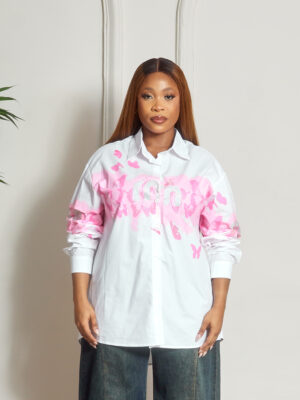 WHITE MRN WITH PINK CONTRAST EMBELLISHMENT OVERSIZED SHIRT