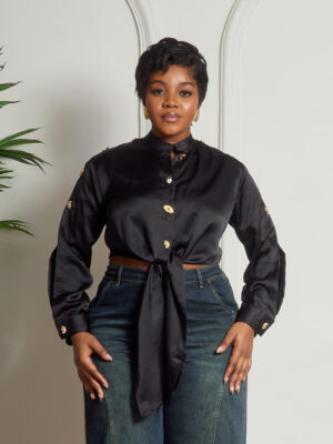 SOHIA BLACK DOLLAR BUTTON SILK TOP