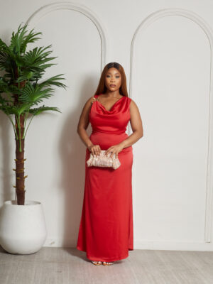 RED SILK COWL NECK DRING SLIP DRESS