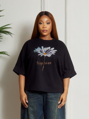 (2FOR40K)LEAVES BLACK EMBELLISHED HAPPINESS PONCHO TEE