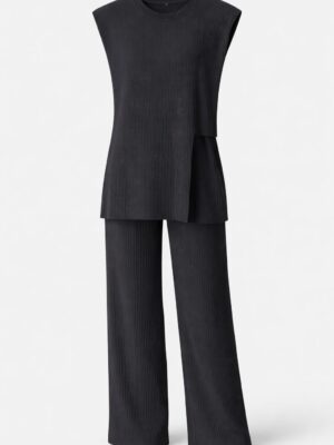 (2 FOR 60K) BLACK SIDE CUT OUT ASSYMETRIC TOP X PANT SUIT SET